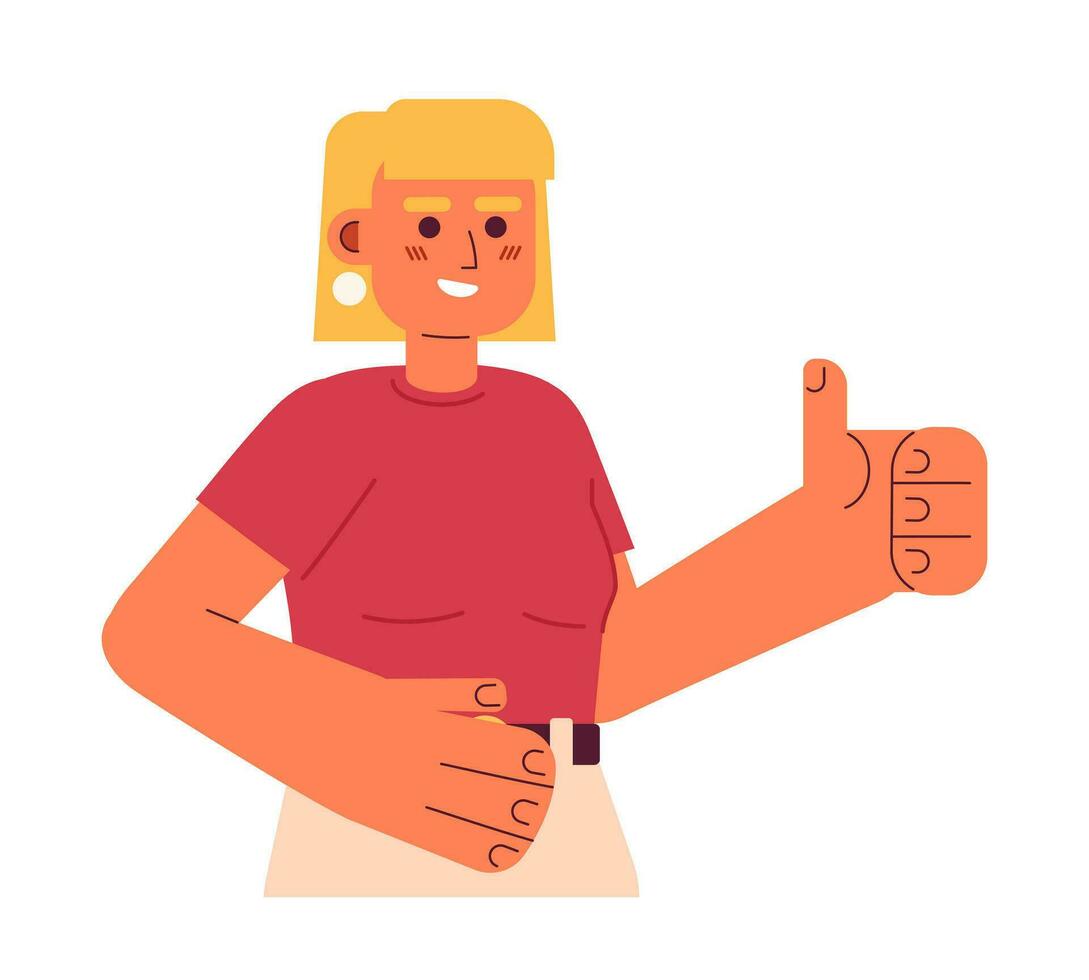 vrolijk blond vrouw shows duim omhoog semi vlak kleur vector karakter. bewerkbare voor de helft lichaam mooi dame in overhemd Aan wit. gemakkelijk tekenfilm plek illustratie voor web grafisch ontwerp