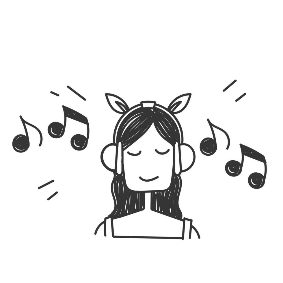 hand- getrokken tekening meisje luisteren muziek- met koptelefoon illustratie vector