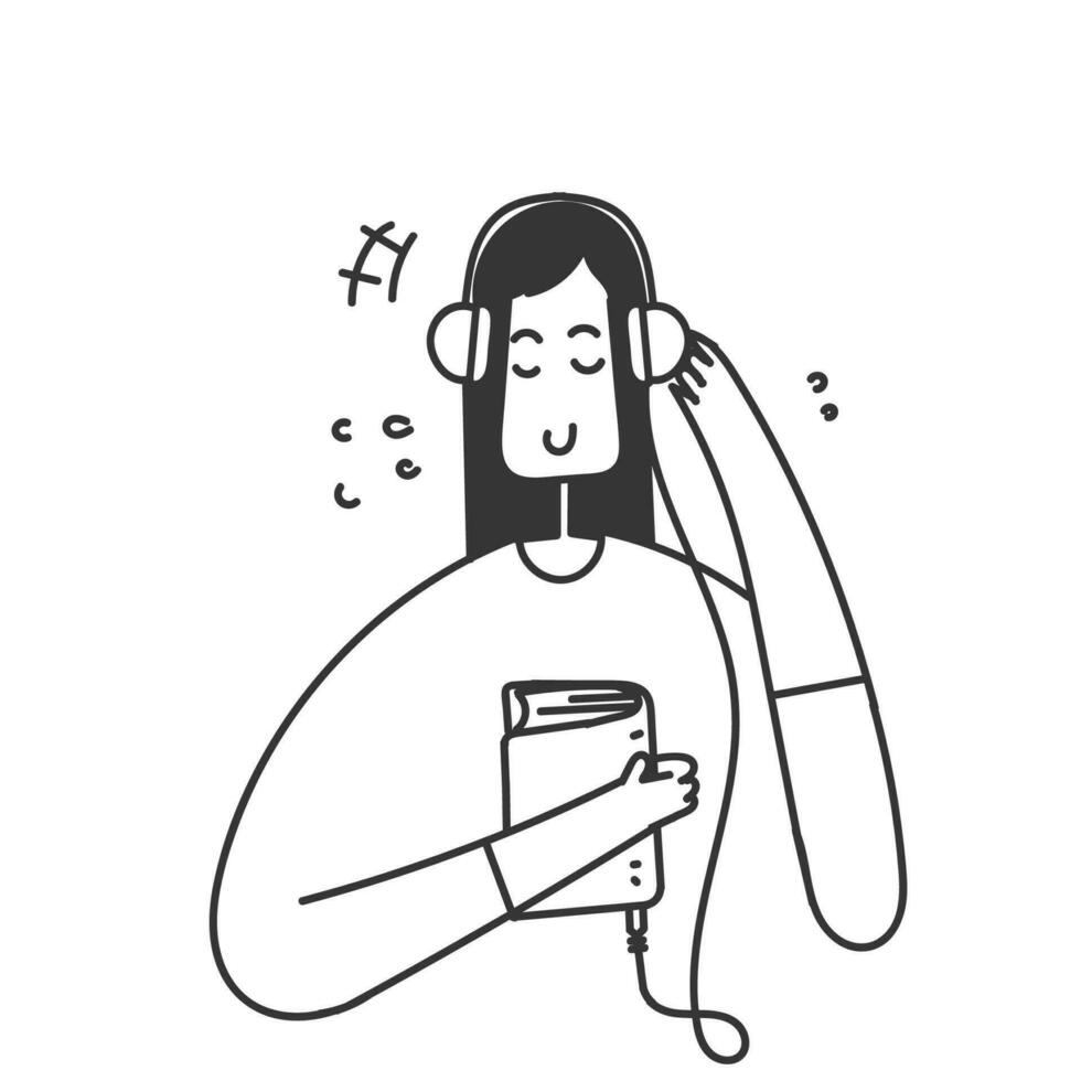 hand- getrokken tekening meisje luisteren naar audio boek illustratie vector