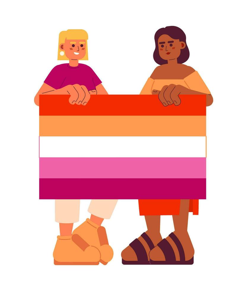 aantrekkelijk Dames houden lesbienne trots vlag semi vlak kleur vector karakters. bewerkbare vol lichaam mensen ondersteuning lgbt lesbienne gemeenschap Aan wit. gemakkelijk tekenfilm plek illustratie voor web grafisch ontwerp