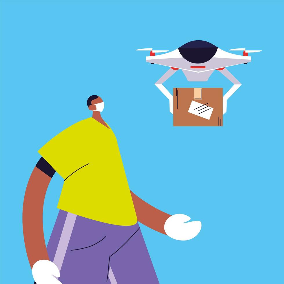 man met drone draagt kartonnen doos vector