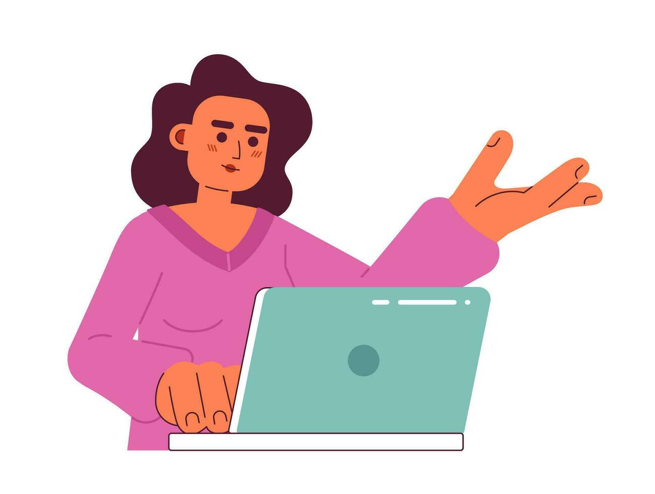 vrouw kantoor arbeider semi vlak kleur vector karakter. bewerkbare voor de helft lichaam bedrijf vrouw werken Aan laptop Aan wit. gemakkelijk tekenfilm plek illustratie voor web grafisch ontwerp