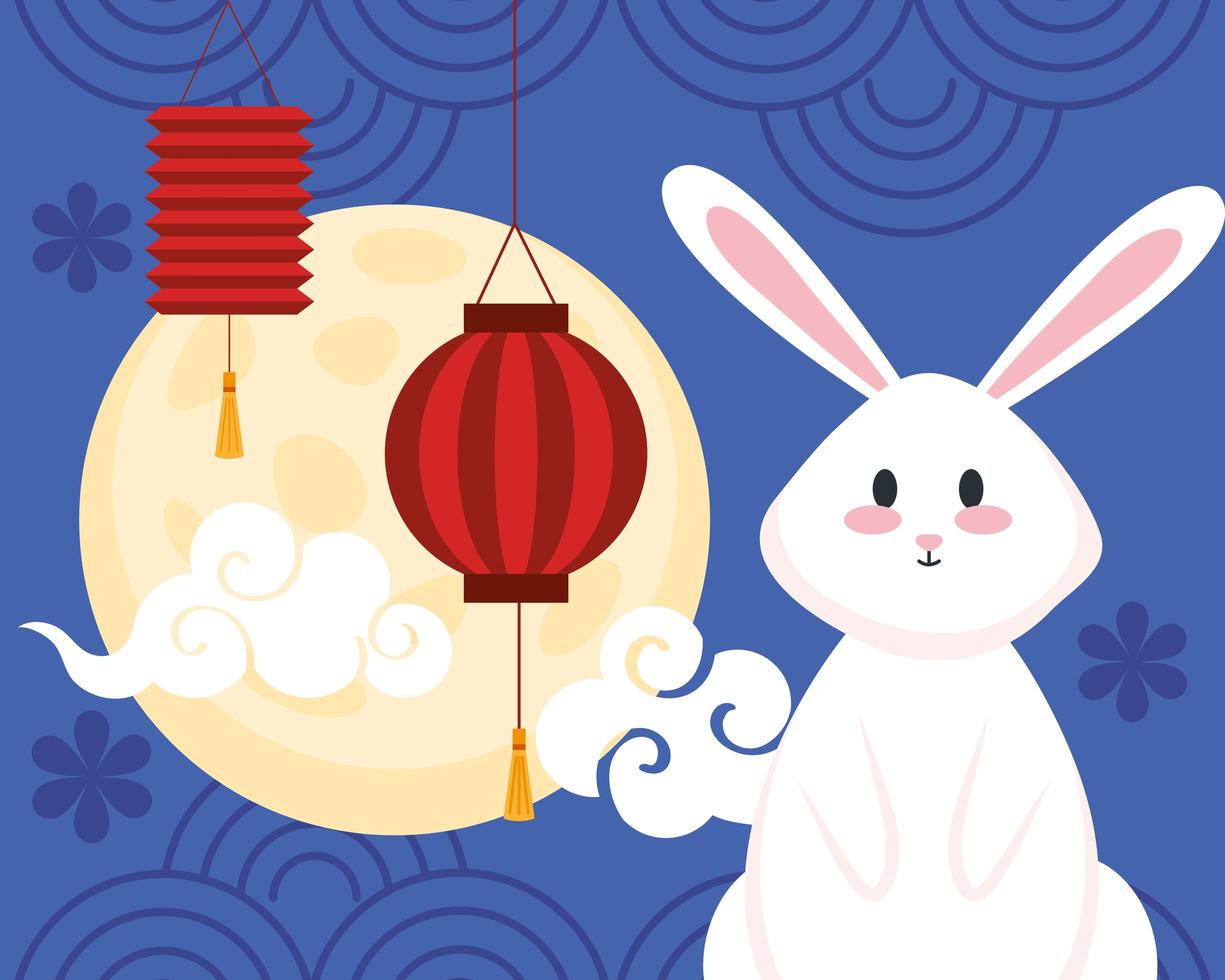 Chinees midherfstfestival met konijn, hangende lantaarns, wolken en volle maan vector