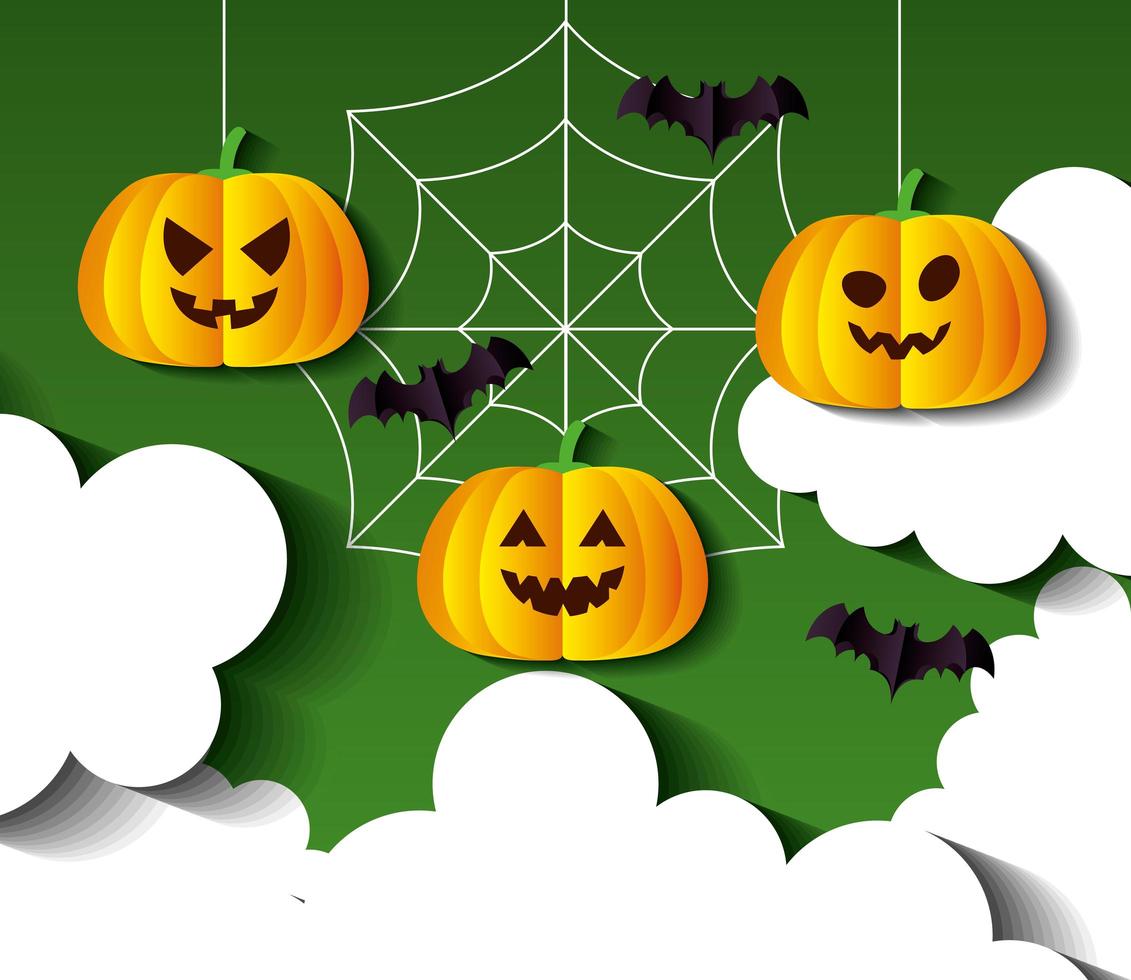 happy halloween-banner, met hangende pompoenen en vliegende vleermuizen in papiersnijstijl vector