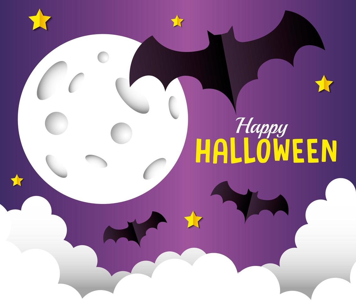 happy halloween banner, met vleermuizen vliegen, volle maan en wolken papier gesneden stijl paper vector