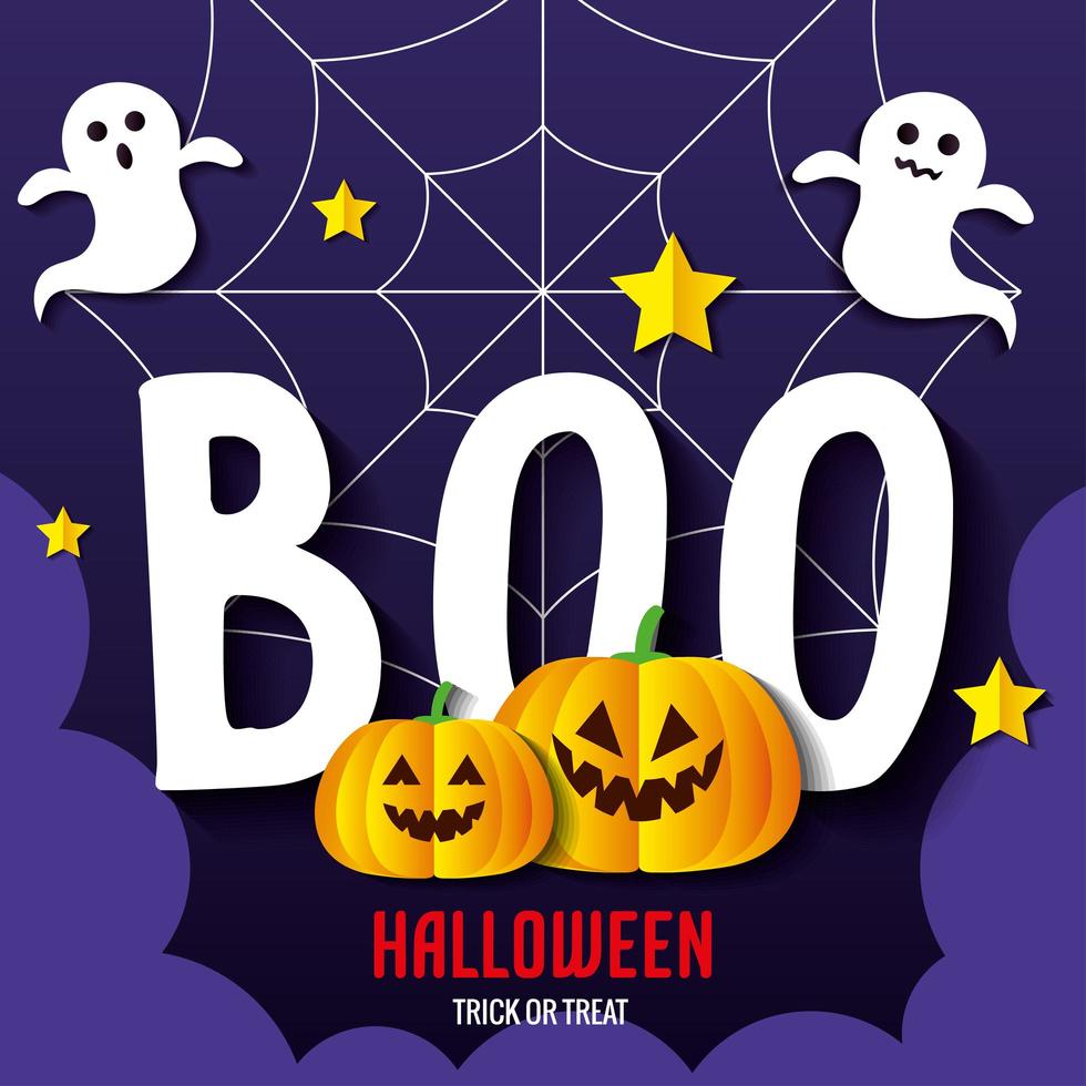 happy halloween banner, met pompoenen, spoken, sterren en spinnenweb in papier gesneden stijl cut vector