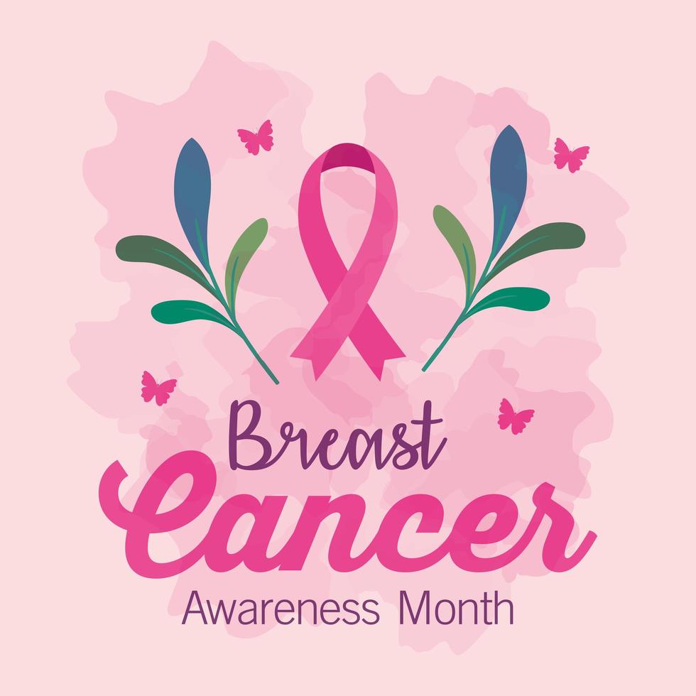 symbool van de bewustmakingsmaand voor borstkanker in oktober, met roze lint, bladeren en vlinders vector