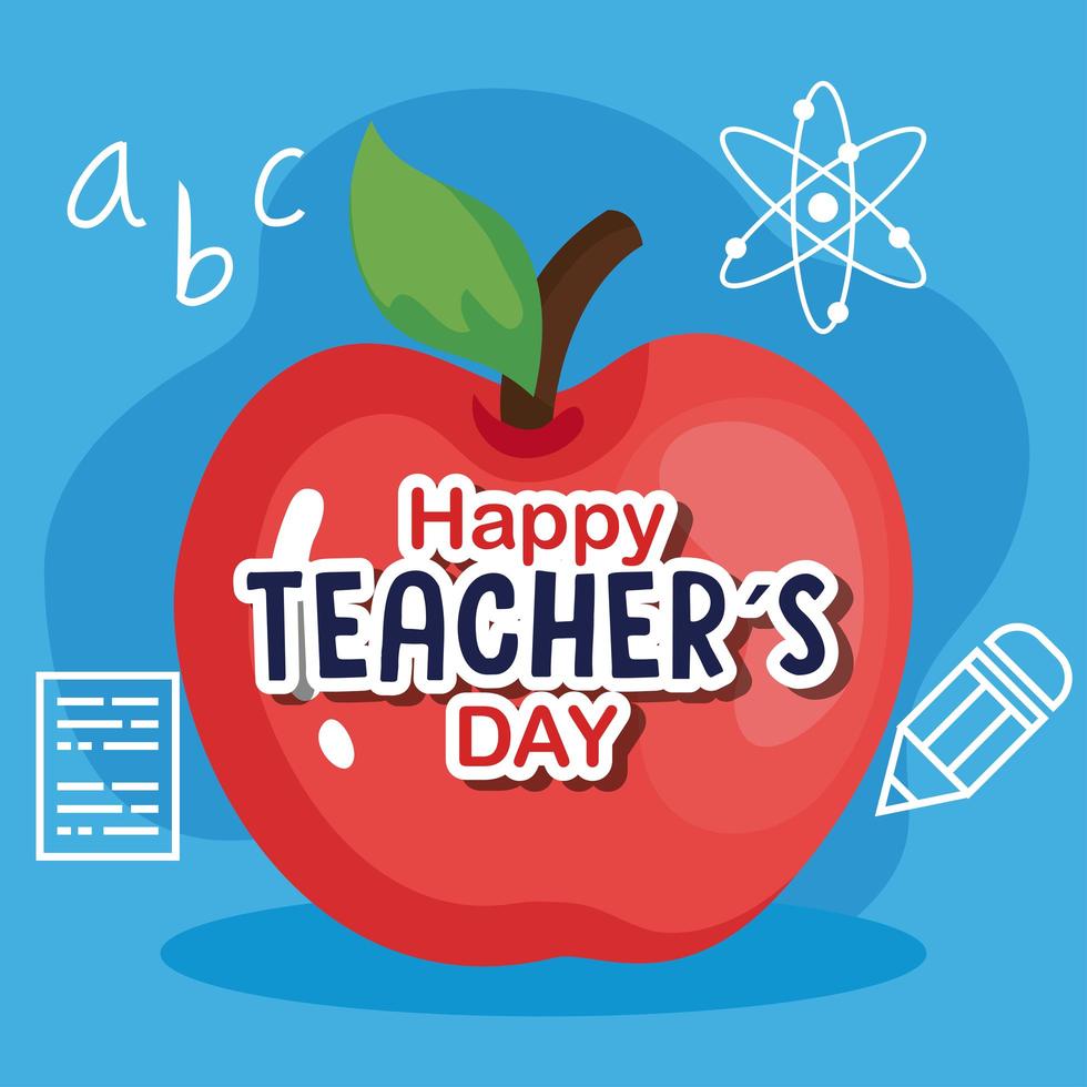 fijne lerarendag, met pictogrammen voor appel en onderwijs vector