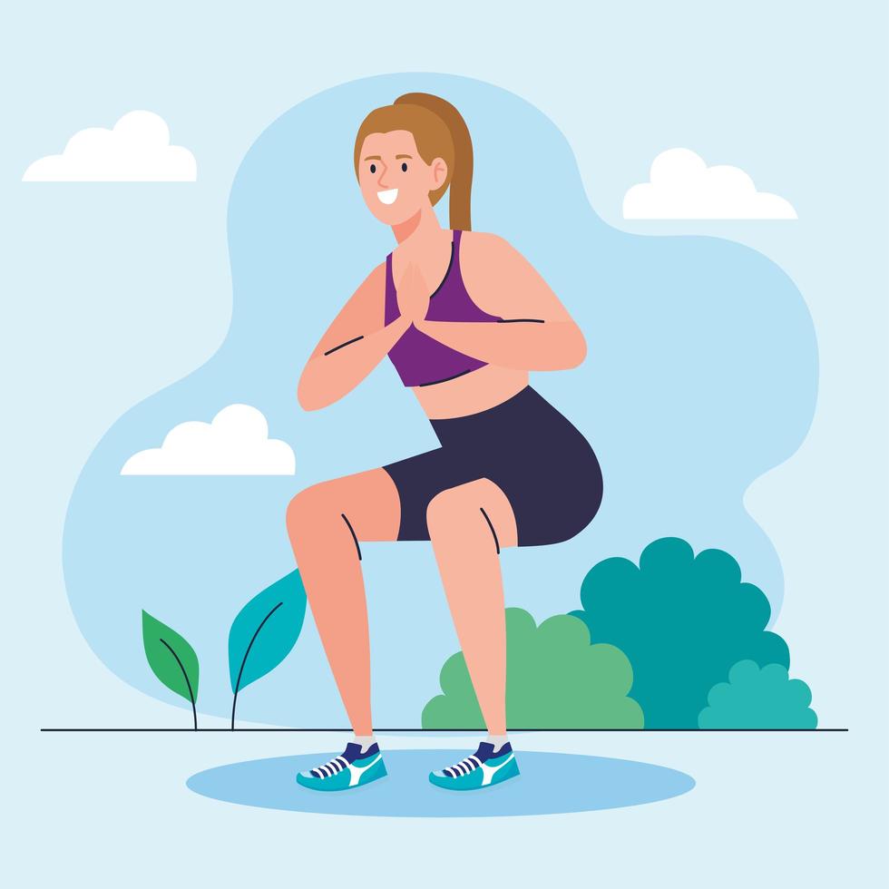 vrouw doet squats buiten, sport recreatie oefening vector