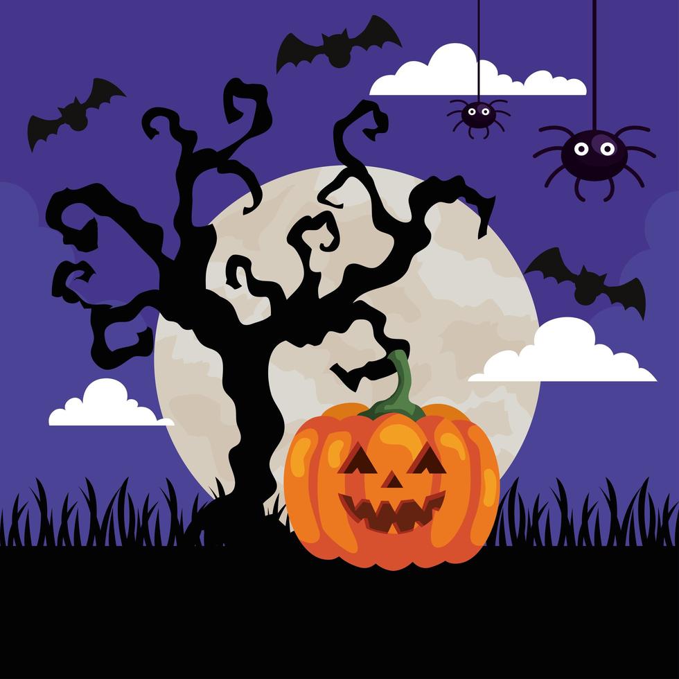 happy halloween-banner met pompoen, droge boom, spinnen en vleermuizen die in de donkere nacht vliegen vector