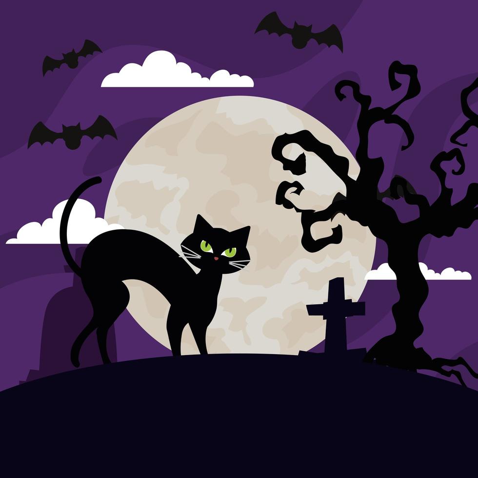 happy halloween banner met kat, vleermuizen vliegen, droge boom en maan vector