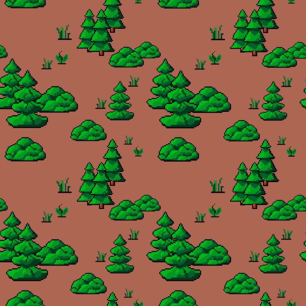 Woud of bossen met pijnboom bomen en gras, pixel vector