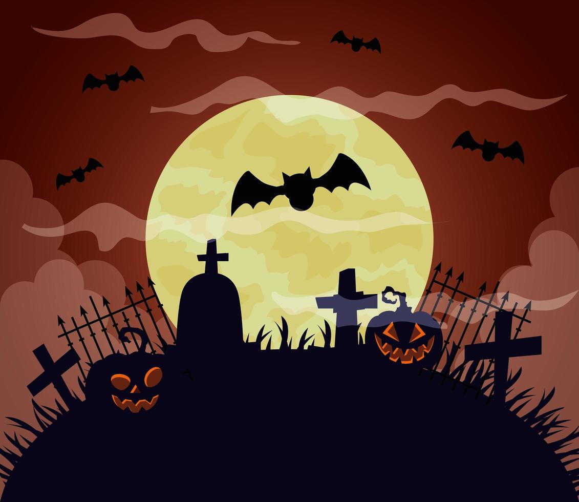 gelukkige halloween-achtergrond met pompoenen, volle maan, vleermuizen die in begraafplaatsscène vliegen vector