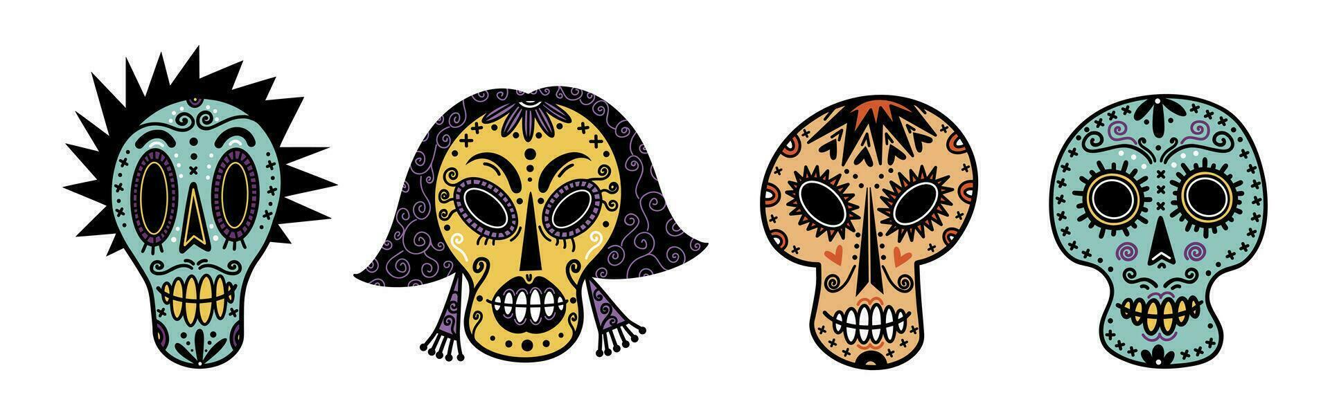 grappig suiker schedels vector set. feestelijk masker van een schattig Mexicaans Heren, Dames, tieners. schetsen voor de dag van de dood, dia de muertos. mooi vakantie hoofden. vlak tekenfilm clip art voor affiches, afdrukken