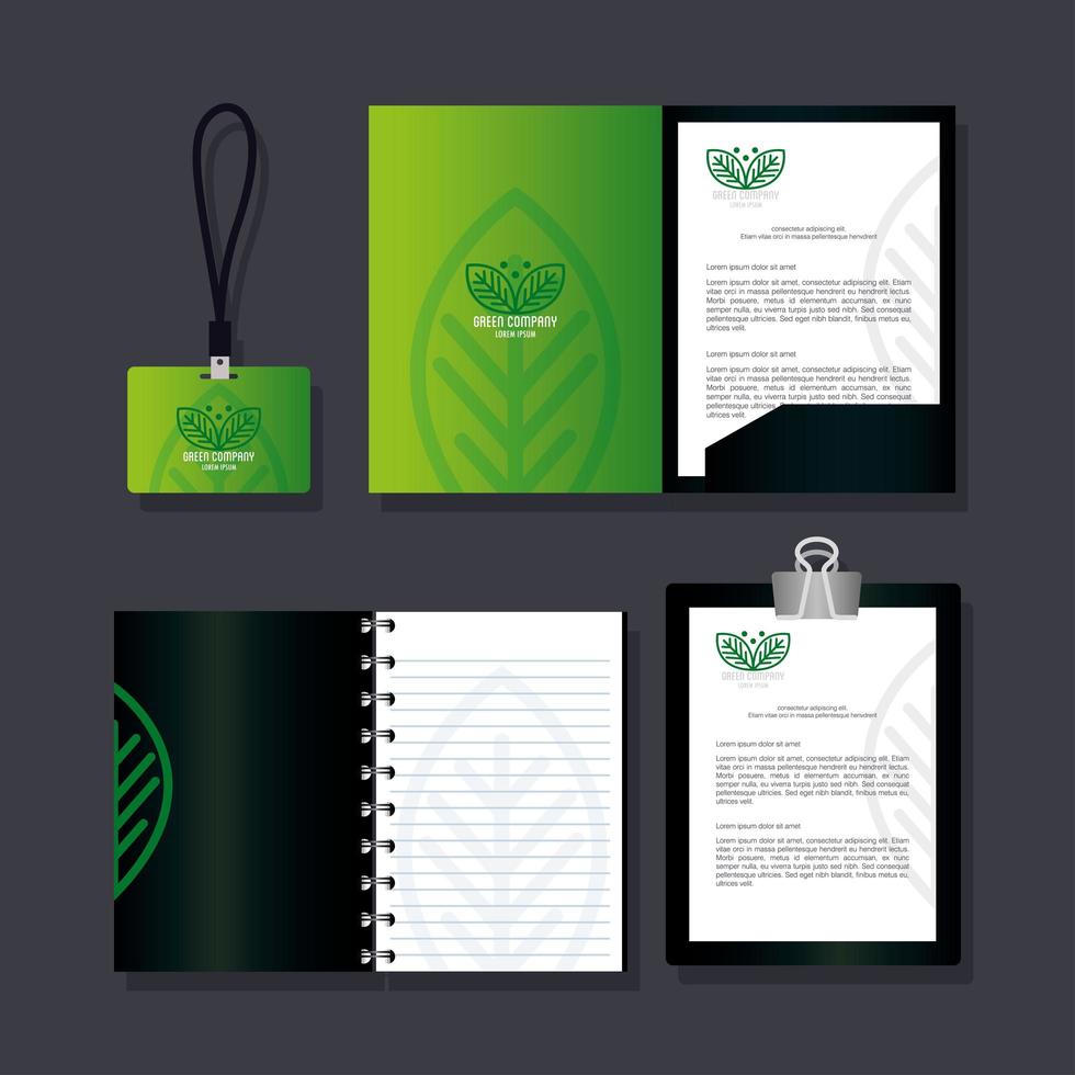 huisstijl merk mockup, set zakelijke briefpapier groene mockup, groen bedrijfsbord vector