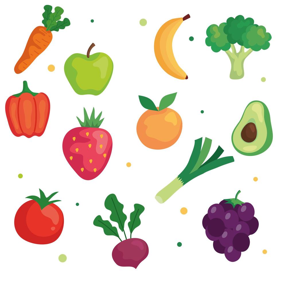 set van groenten en fruit, concept gezond voedsel vector