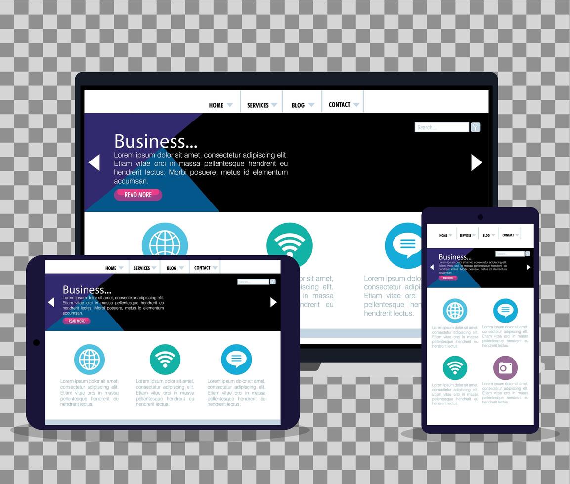 mockup responsive web, concept website-ontwikkeling in laptop, tablet en smartphone vector