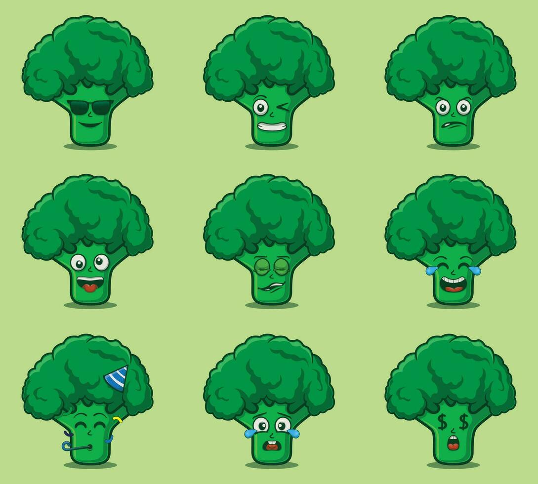 schattig en kawaii broccoli groenten emoticon karakter uitdrukking illustratie reeks vector