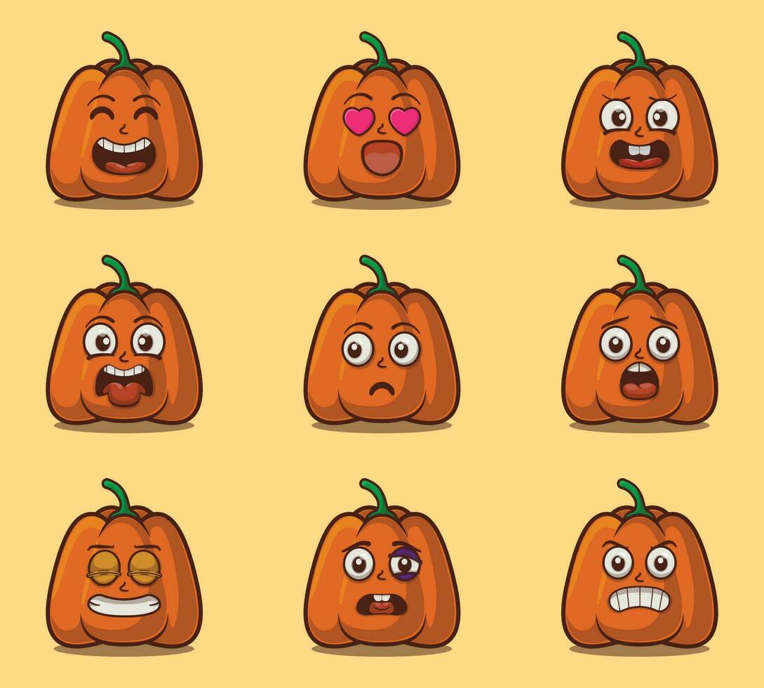 schattig en kawaii pompoen karakter emoticon uitdrukking illustratie reeks vector