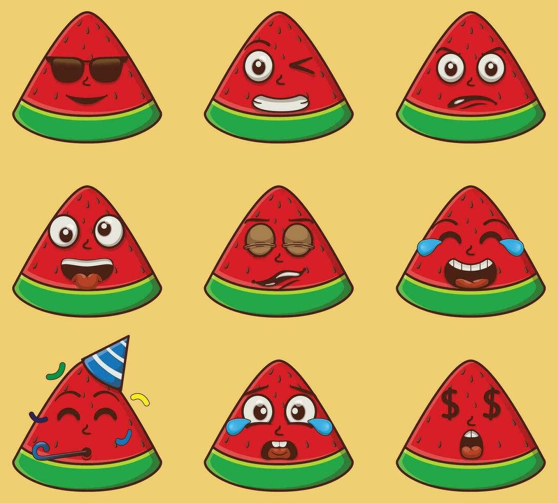 vector schattig en kawaii watermeloen emoticon uitdrukkingen reeks