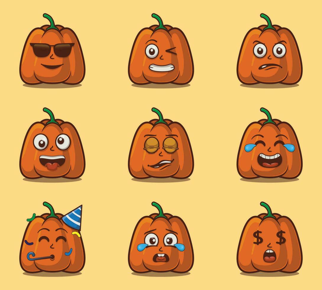 schattig en kawaii pompoen groenten emoticon karakter uitdrukking illustratie reeks vector