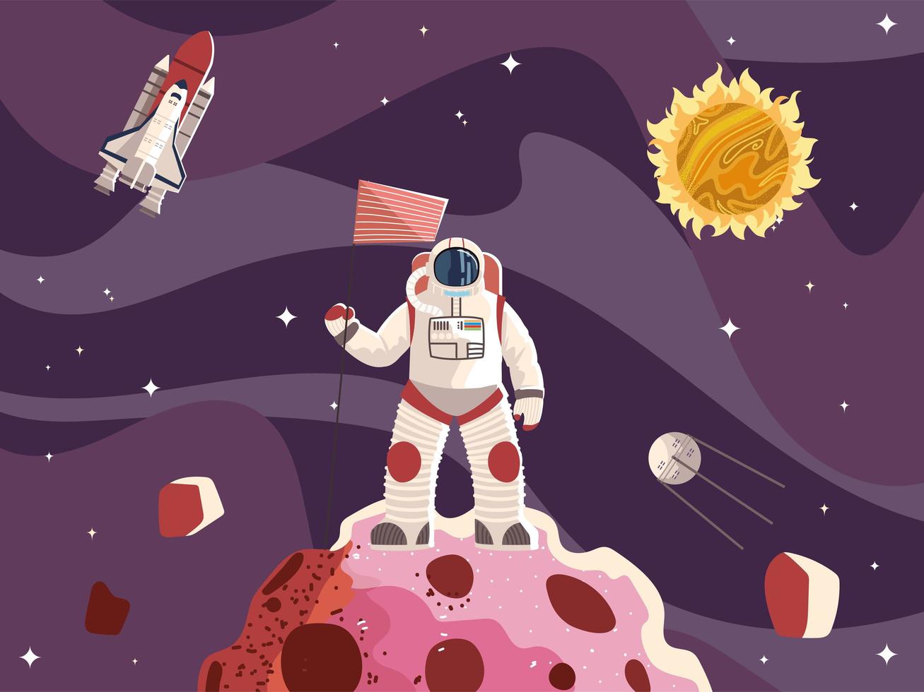 ruimteastronaut met vlag, oppervlakteplaneet ruimteschip, zon en maan vector