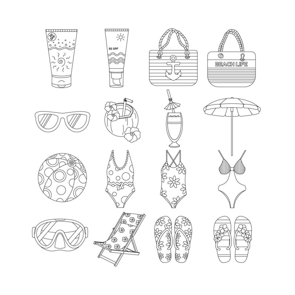 strand reeks voor zomer reizen. zon room, tas, zonnebril, cocktail kokosnoot, paraplu, zwempak, masker, opblaasbaar bal. vector