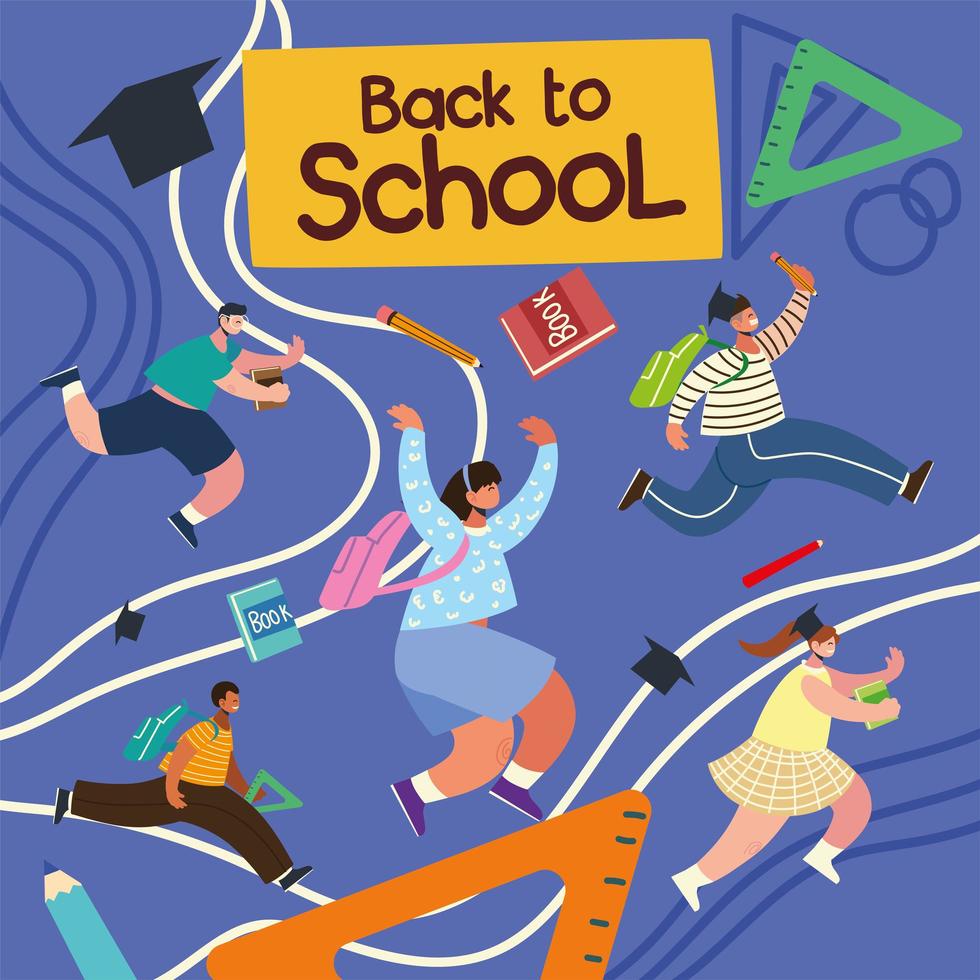terug naar school, gelukkige studenten rennen met schooltas, onderwijselementen vector