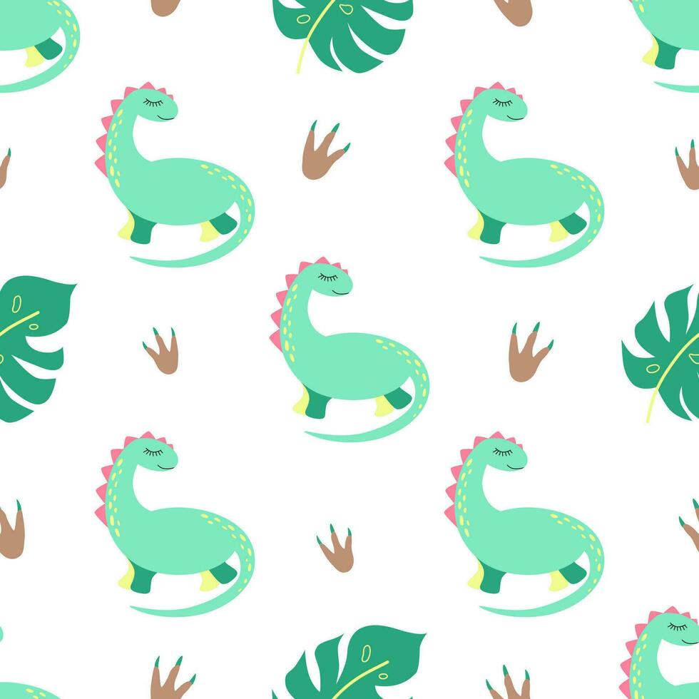 dinosaurus naadloos patroon met grappig dinosaurussen in tekenfilm stijl. schattig dino afdrukken in groen kleuren kaarten uitnodigingen partij banners baby douche peuter- textiel kleding stof decoratie. vector illustratie.