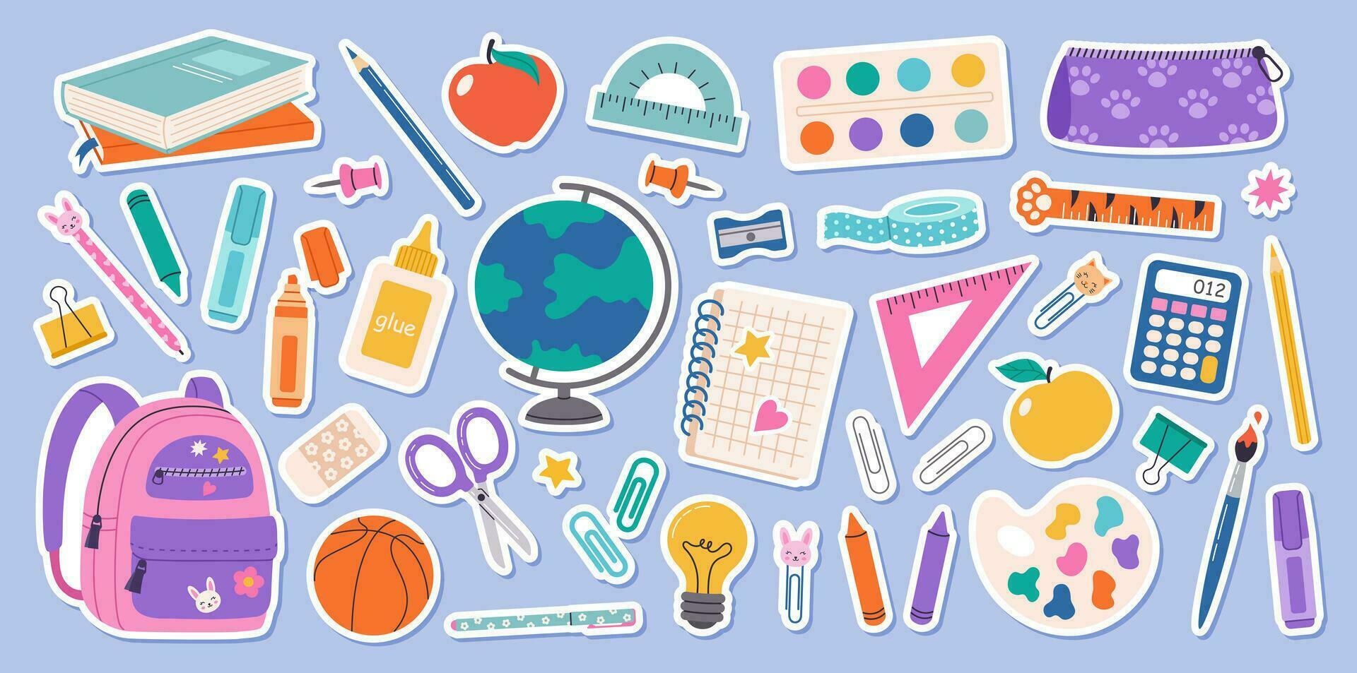 groot reeks van school- benodigdheden en onderwijs stickers. terug naar school. rugzak, boeken, wereldbol, potlood doos, verven, heerser, pen, potlood. geschikt voor afdrukken, kaarten, papier ambachten, scrapbooken. vector