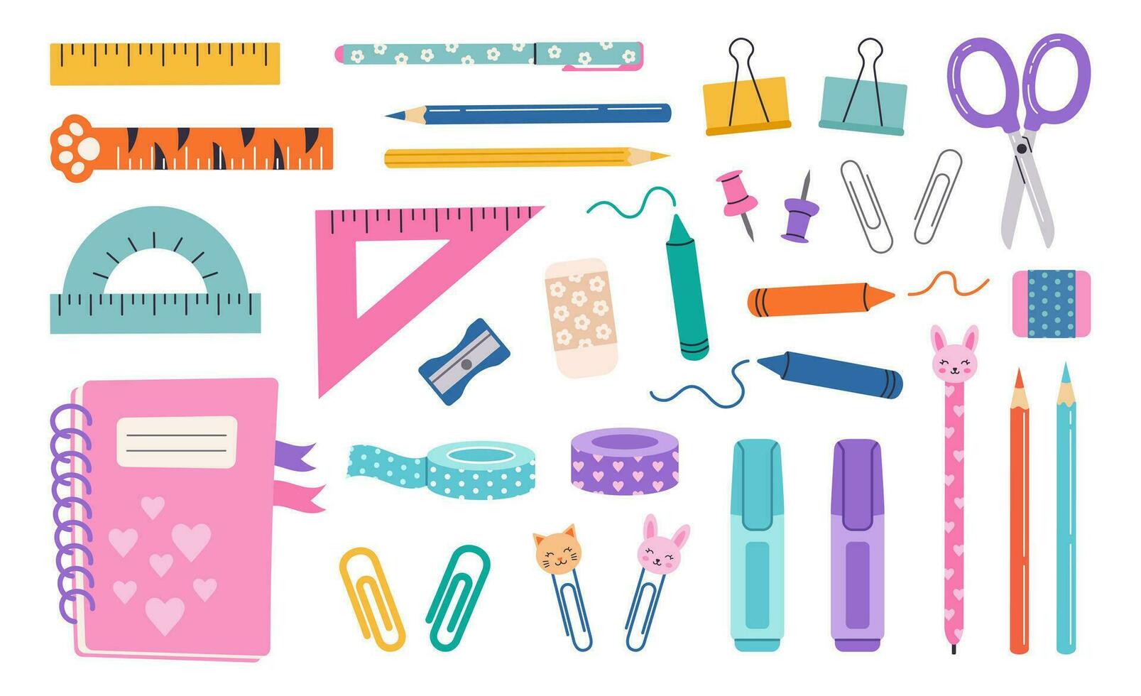 schattig school- schrijfbehoeften set. vector hand- trek illustratie in een vlak tekenfilm stijl. notitieboekje, potloden, heersers, wassen, slijper, papier clips, plakband. divers accessoires voor studie en creativiteit.