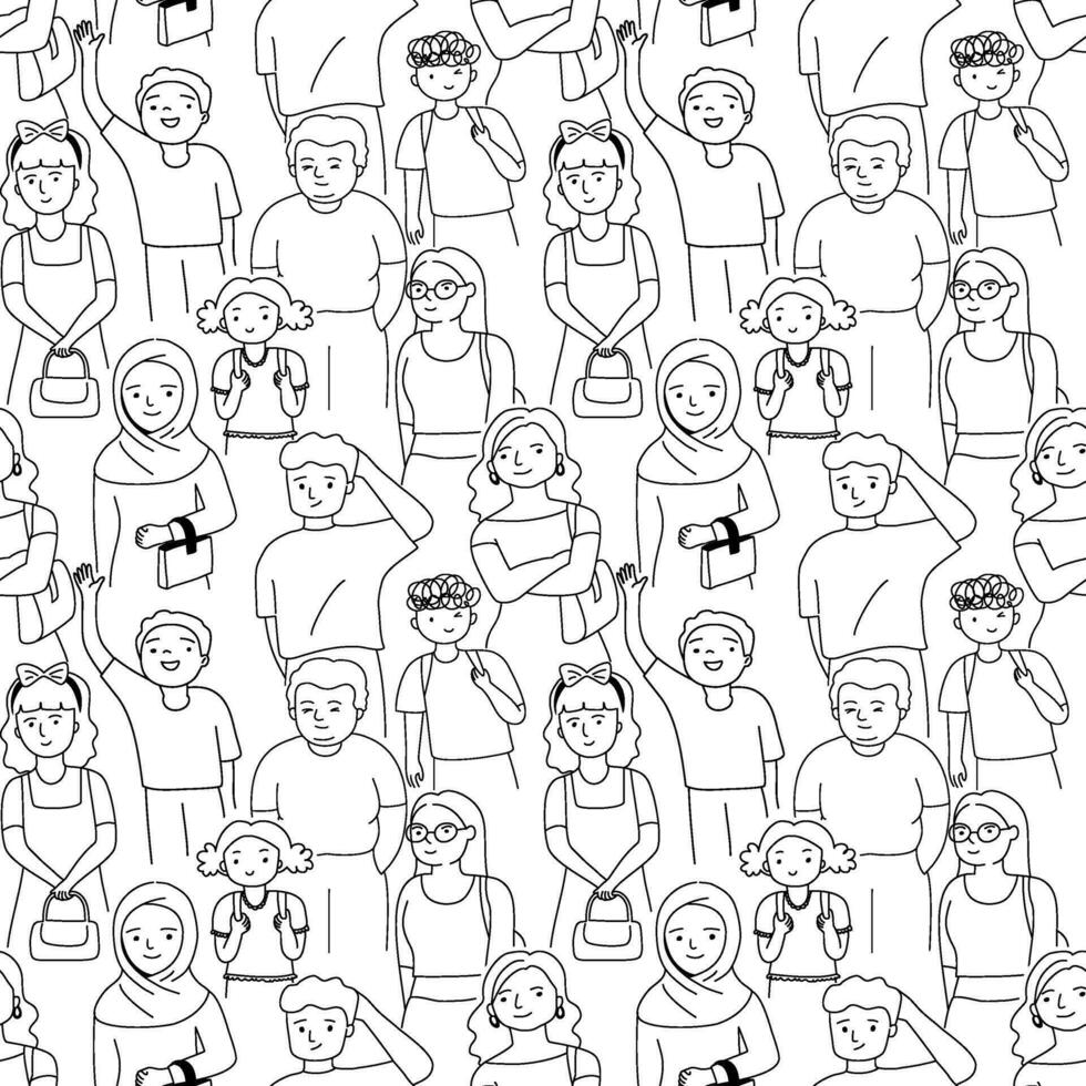 naadloos patroon met menigte van mensen, schets tekening tekenfilm stijl. vector