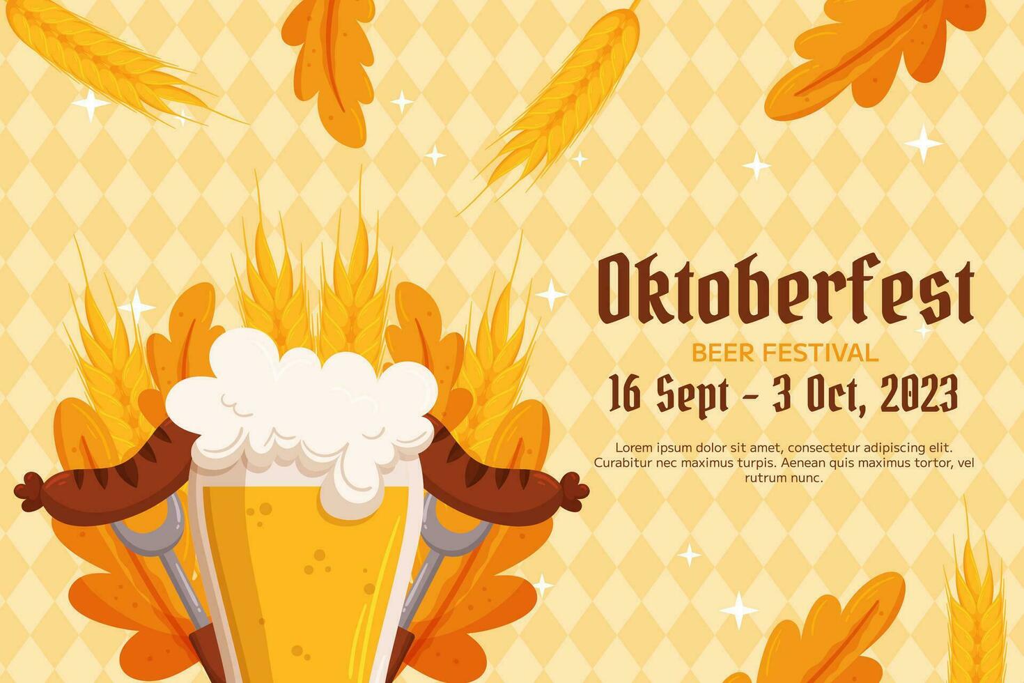 oktoberfeest Duitse bier festival achtergrond. ontwerp met glas van bier, vorken met gegrild worst, tarwe en bladeren. licht geel ruit patroon vector