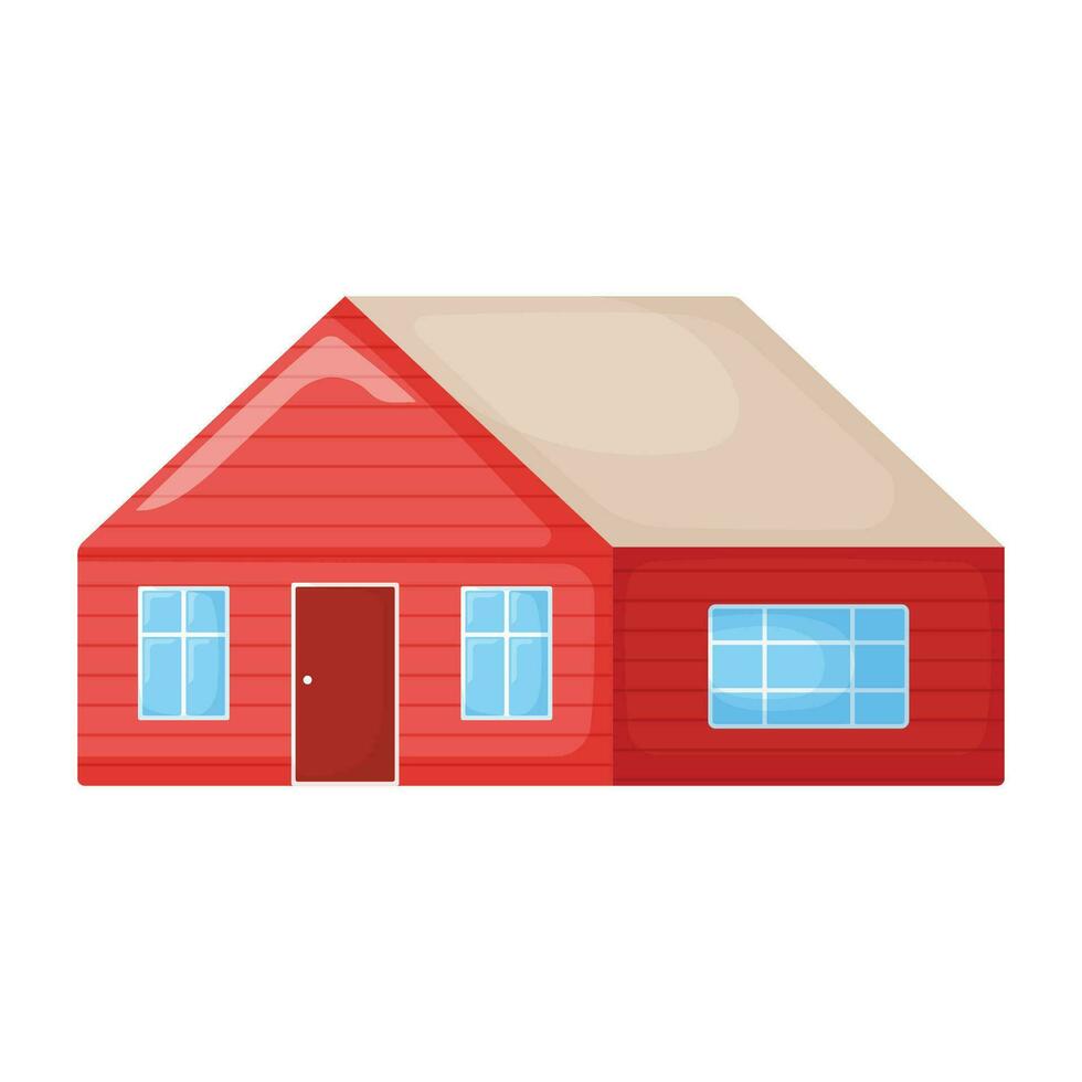 schattig rood land huis, zomer huisje gebouw modern tekenfilm vector illustratie, geïsoleerd Aan wit. buitenshuis plaats naar live.