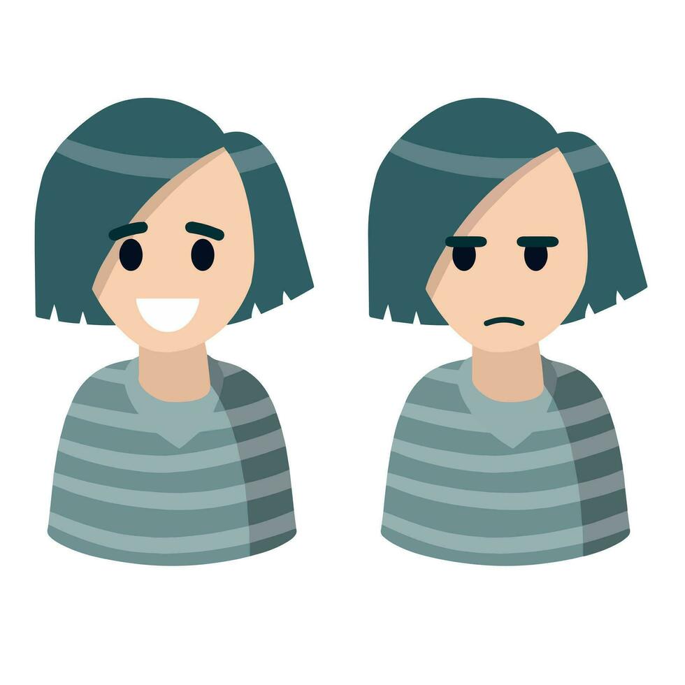 donker haren vrouw. reeks van vrouw emoties. bob besnoeiing kapsel. vreugde en droefheid. schattig vrouw karakter in blauw kleren voor sociaal netwerk avatar. glimlach en verdrietig. vlak tekenfilm vector