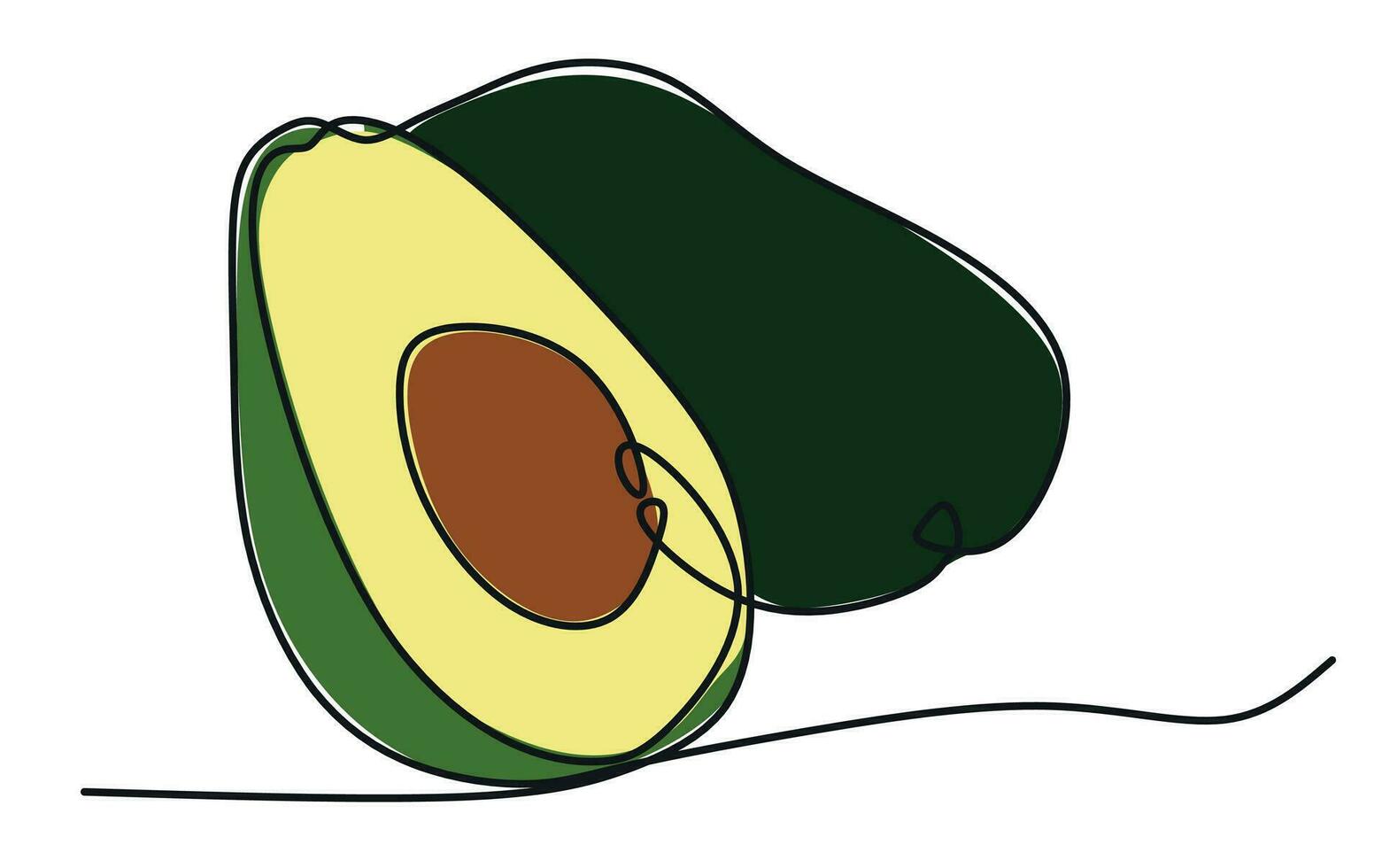 kleur doorlopend lijn avocado. vector een lijn kunst illustratie Aan wit. groen tropisch fruit. kruidenier label, Gezondheid voedsel concept. ontwerp kunst voor pakket, logo, t-shirt, boodschappen doen tas. eco en biologisch