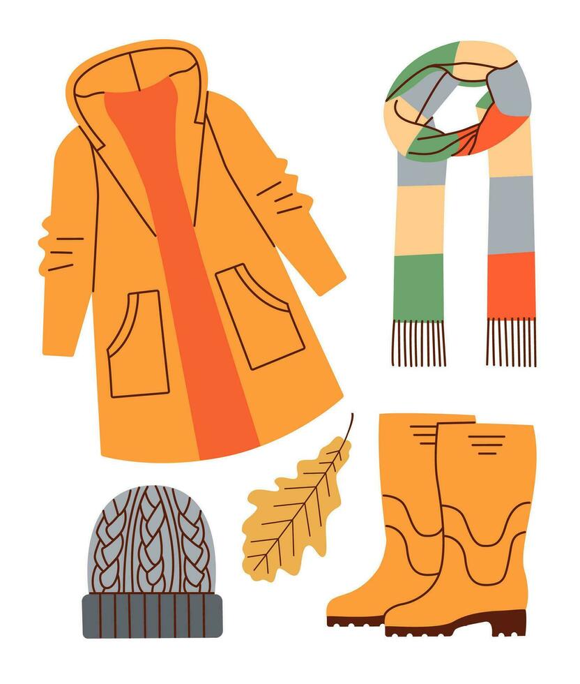 herfst kleding. gewoontjes draagt, buitenshuis outfits, regenachtig seizoen accessoires, schoenen, regenjassen, hoed, sjaal en oranje blad, vector tekenfilm vlak set.