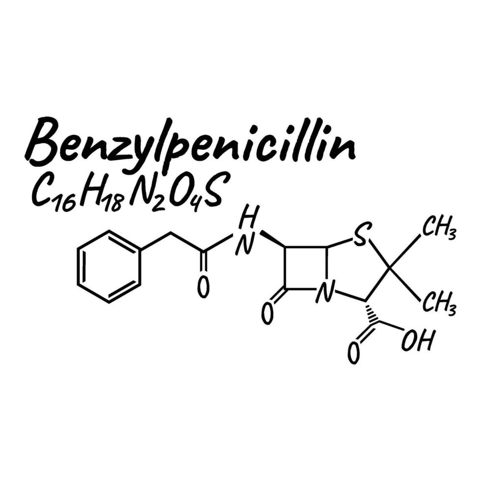 benzylpenicilline antibiotica chemisch formule en samenstelling, concept structureel medisch medicijn, geïsoleerd Aan wit achtergrond, vector illustratie.