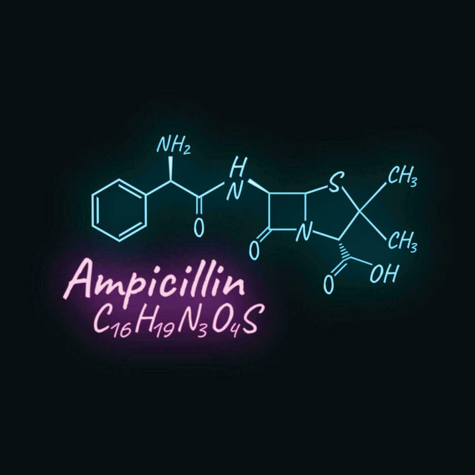 ampicilline antibiotica chemisch formule en samenstelling, concept structureel medicijn, geïsoleerd Aan zwart achtergrond, neon stijl vector illustratie.
