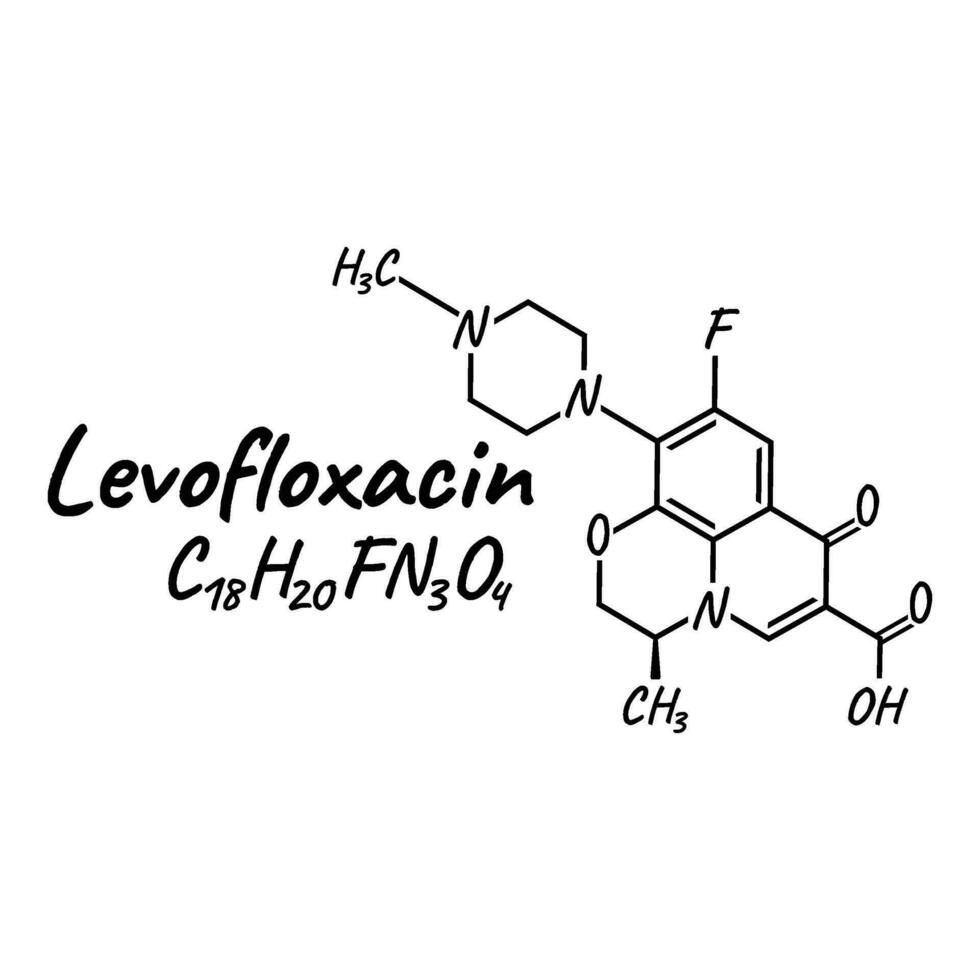 levofloxacine antibiotica chemisch formule en samenstelling, concept structureel medisch medicijn, geïsoleerd Aan wit achtergrond, vector illustratie.