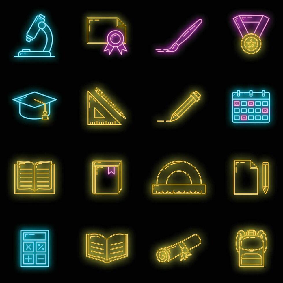concept reeks terug naar school- neon gloed icoon, 16 schrijfbehoeften onderwijs item leerzaam werkwijze, vlak schets vector illustratie, geïsoleerd Aan zwart.