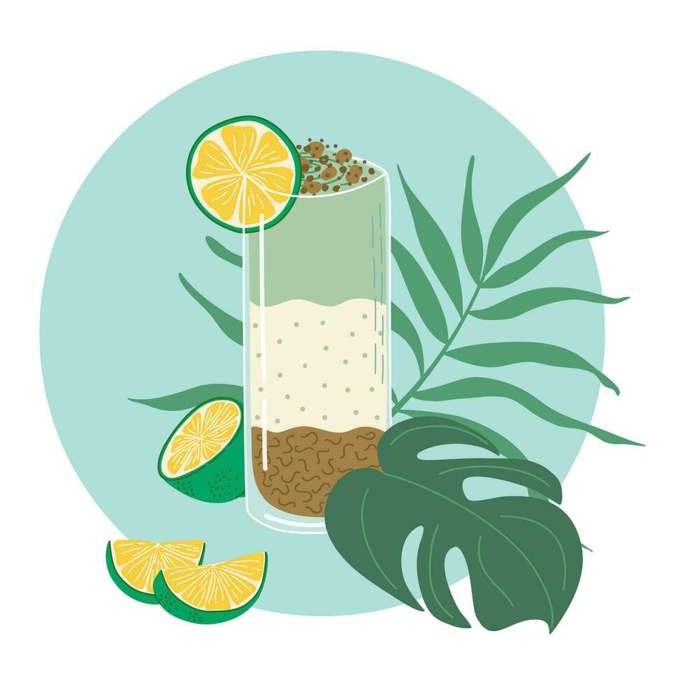 glas met tropisch nagerecht. samenstelling met zomer zoet voedsel, citrus en fabriek decor. limoen kwarktaart schot. vector tekenfilm illustratie.