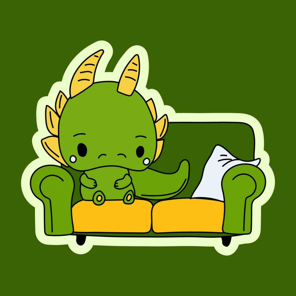 vector voorraad illustratie geïsoleerd emoji karakter tekenfilm groen draak dinosaurus aan het liegen Aan de sofa sticker emoticon voor plaats, info grafiek, video, animatie.