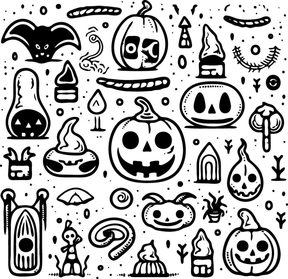 een verzameling van halloween tekening voorwerpen, zwart en wit vector