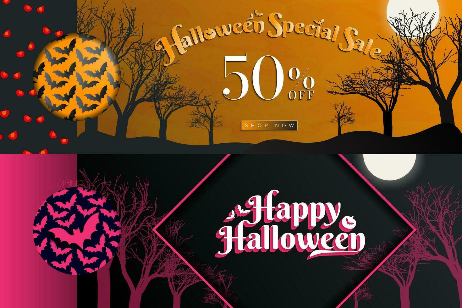 reeks van halloween Sjablonen. halloween speciaal uitverkoop banier met 50 uit en winkel nu knop Aan oranje getextureerde helling achtergrond met bomen en maan. gelukkig halloween bericht Aan roze kader. vector