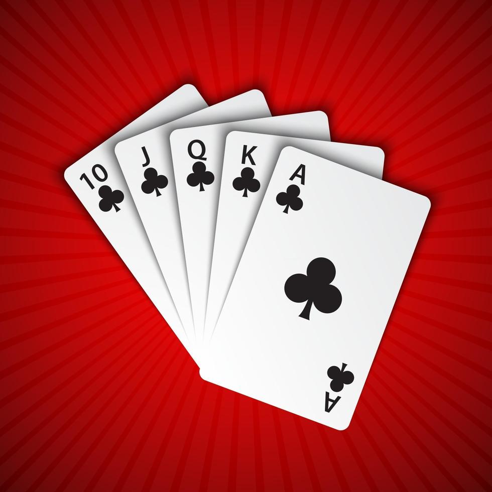 een koninklijke vloed van clubs op rode achtergrond, winnende handen van pokerkaarten, casino speelkaarten vector
