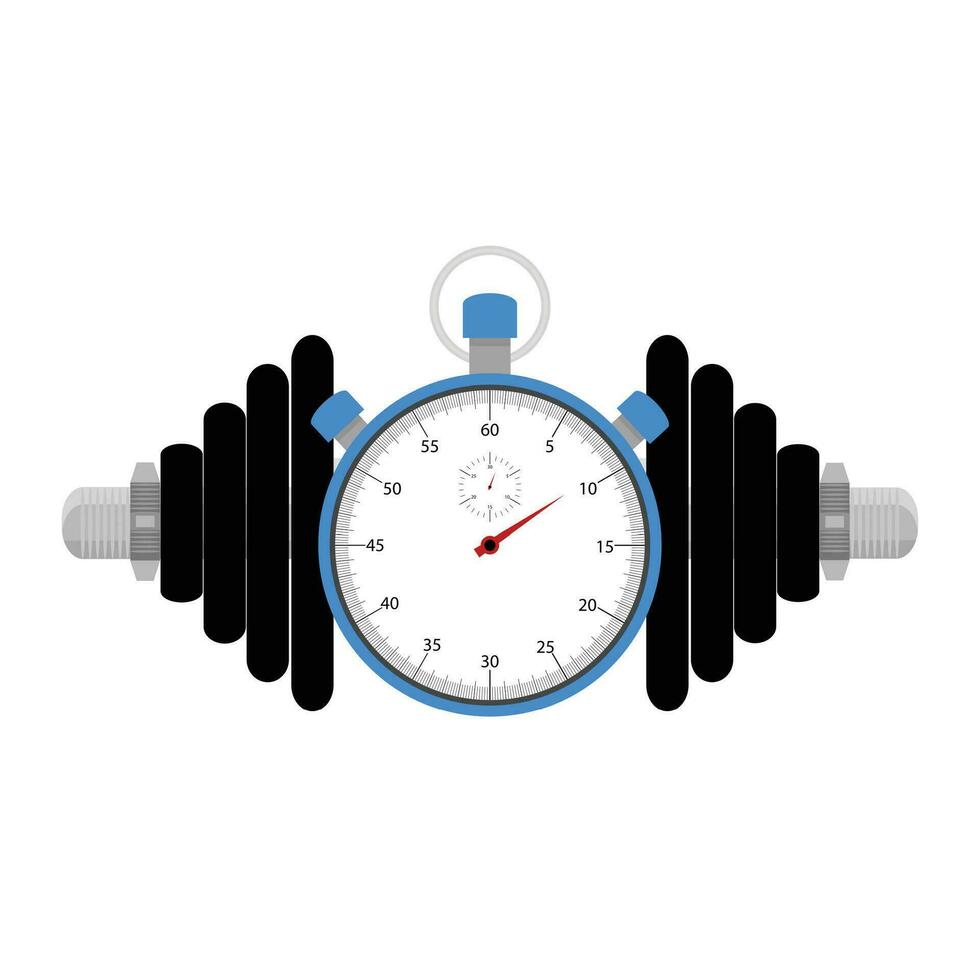 sterkte opleiding Bij tijd. stopwatch en halter voor sport oefening, vector illustration