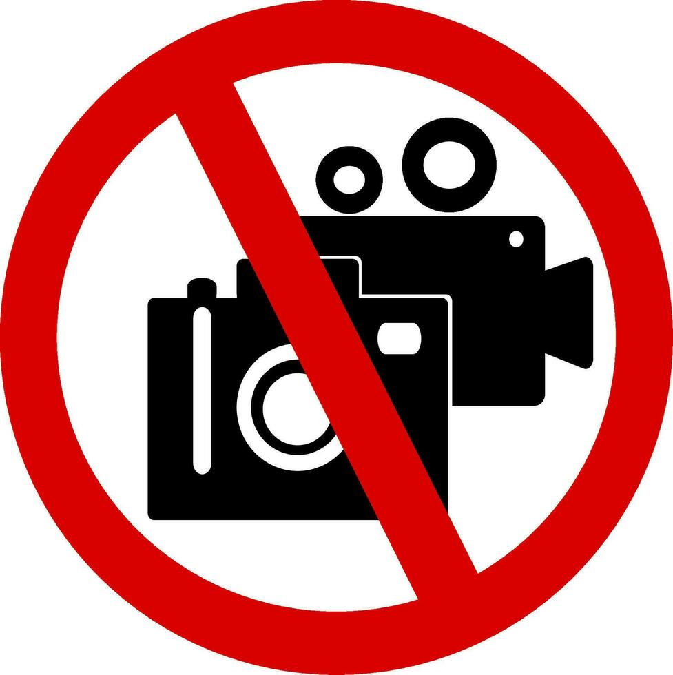 Nee fotografie camera en video Vermelding teken. nemen afbeeldingen en opname niet toegestaan. verbod symbool sticker voor Oppervlakte plaatsen. vervangbaar vector ontwerp. vector illustratie.