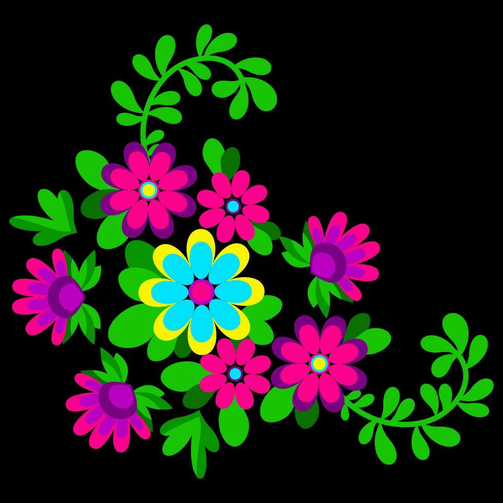 helder bloemen arrangement Mexicaans borduurwerk Aan een zwart achtergrond vector
