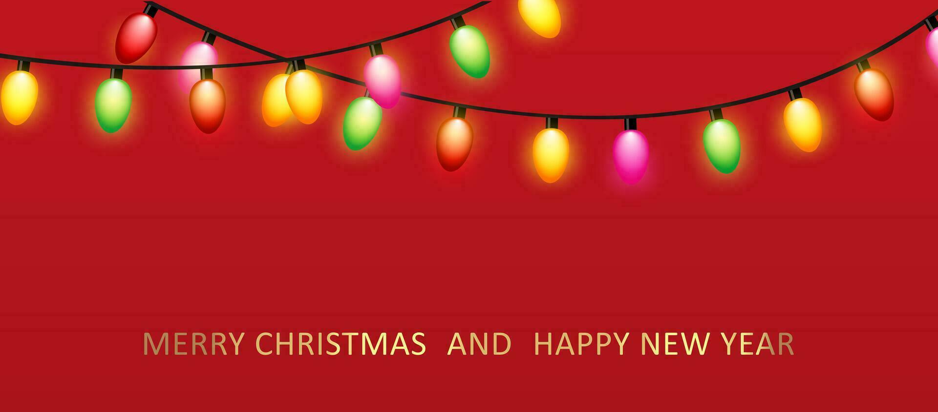 Kerstmis rood achtergrond met decoratie ronde ring van glas licht guirlande. vrolijk Kerstmis groet kaart. gelukkig nieuw jaar. feestelijk helder ontwerp. Kerstmis vakantie poster. vector